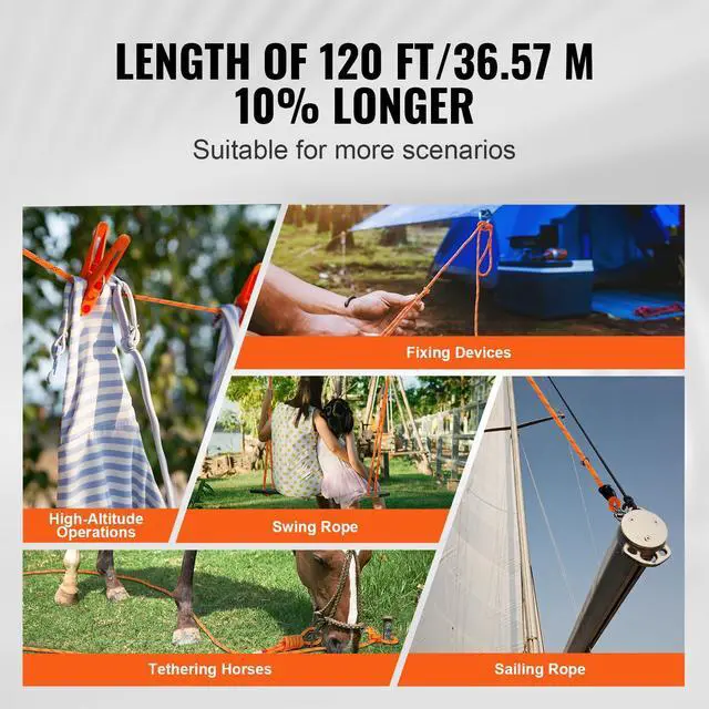Alt view image 4 of 7 - Double Braided Polyester Rope, 1/2 in x 120 ft, 48 Strands, 8000 LBS Breaking Strength Outdoor Climbing Rope, Arborist Rigging Rope for Rock Hiking Camping Swing Rappelling Rescue, Orange/Black