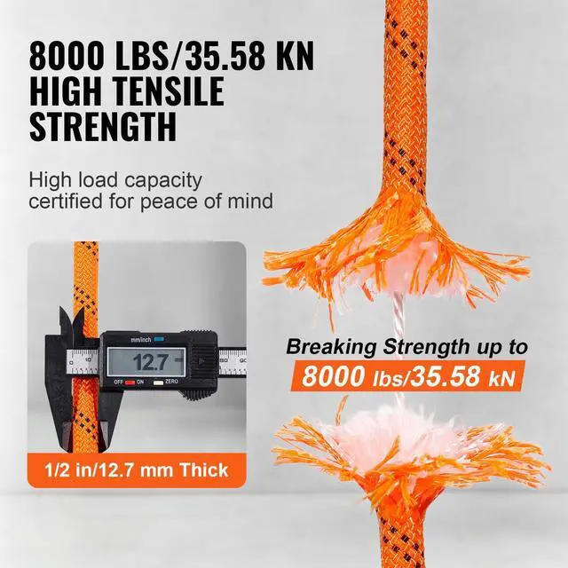 Alt view image 5 of 7 - Double Braided Polyester Rope, 1/2 in x 120 ft, 48 Strands, 8000 LBS Breaking Strength Outdoor Climbing Rope, Arborist Rigging Rope for Rock Hiking Camping Swing Rappelling Rescue, Orange/Black