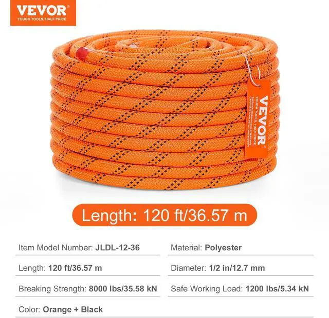 Alt view image 7 of 7 - Double Braided Polyester Rope, 1/2 in x 120 ft, 48 Strands, 8000 LBS Breaking Strength Outdoor Climbing Rope, Arborist Rigging Rope for Rock Hiking Camping Swing Rappelling Rescue, Orange/Black