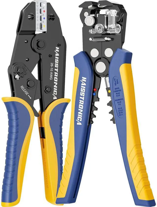Main image of Wire Stripper and Crimper Set, AWG 26-10 for Heat Shrink | 3 in 1 Wire Stripper for AWG 24-10, Ratchet, Separate Gauge Controls, Adjustable Pressure, Quick Release, Automotive Work