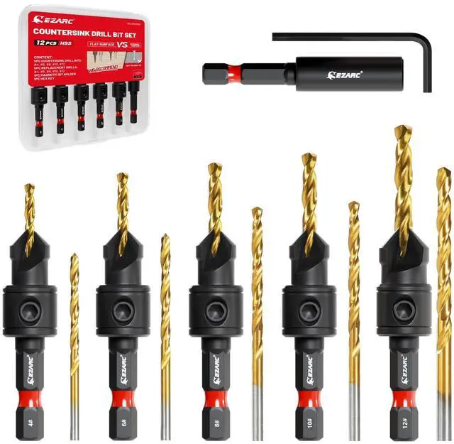 Main image of Countersink Drill Bit Set, 12PCS 2-Flute Adjustable Bits for Wood | Titanium-Coated HSS Bits, Sizes #4, #6, #8, #10, #12, Magnetic Extension Bit Holder, 1/4" Hex Shank, Storage Case