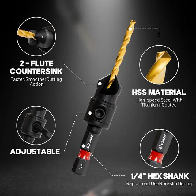 Alt view image 2 of 7 - Countersink Drill Bit Set, 12PCS 2-Flute Adjustable Bits for Wood | Titanium-Coated HSS Bits, Sizes #4, #6, #8, #10, #12, Magnetic Extension Bit Holder, 1/4" Hex Shank, Storage Case