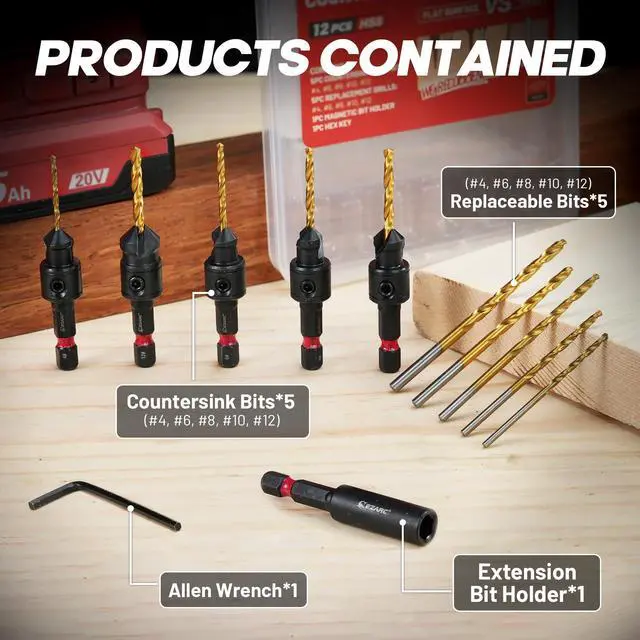 Alt view image 6 of 7 - Countersink Drill Bit Set, 12PCS 2-Flute Adjustable Bits for Wood | Titanium-Coated HSS Bits, Sizes #4, #6, #8, #10, #12, Magnetic Extension Bit Holder, 1/4" Hex Shank, Storage Case