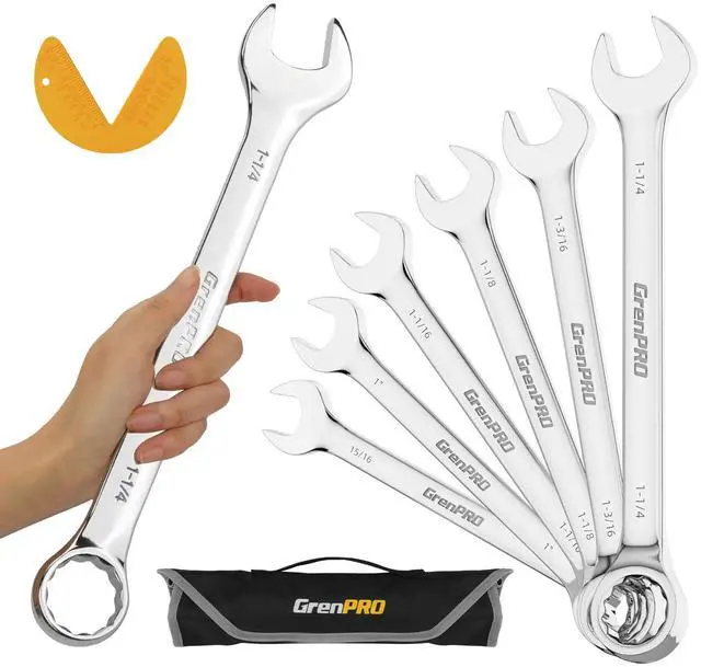 Main image of 7PC SAE Large Wrench Set Combination Open End Wrench Big Wrenches | Includes 15/16" 1" 1-1/16" 1-1/8" 1-3/16" 1-1/4" Long Wrenches, 15° Offset 12pt Box End, Roll-Up Pouch & Gauge, CR-V Steel