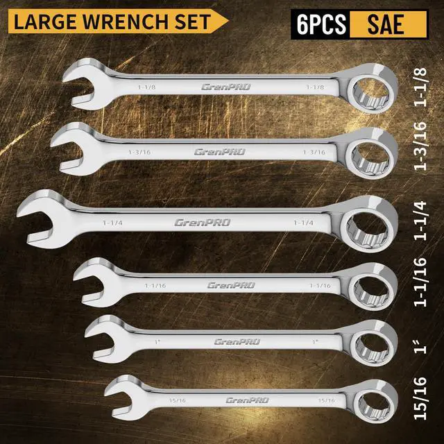 Alt view image 2 of 7 - 7PC SAE Large Wrench Set Combination Open End Wrench Big Wrenches | Includes 15/16" 1" 1-1/16" 1-1/8" 1-3/16" 1-1/4" Long Wrenches, 15° Offset 12pt Box End, Roll-Up Pouch & Gauge, CR-V Steel