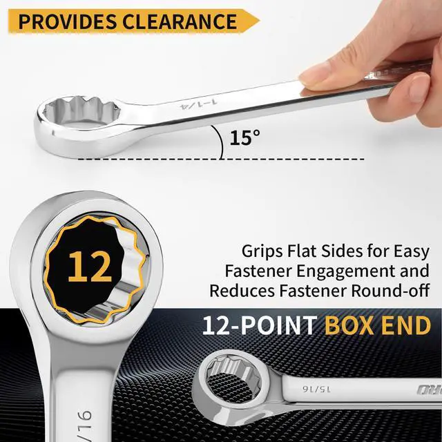 Alt view image 3 of 7 - 7PC SAE Large Wrench Set Combination Open End Wrench Big Wrenches | Includes 15/16" 1" 1-1/16" 1-1/8" 1-3/16" 1-1/4" Long Wrenches, 15° Offset 12pt Box End, Roll-Up Pouch & Gauge, CR-V Steel