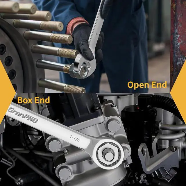 Alt view image 6 of 7 - 7PC SAE Large Wrench Set Combination Open End Wrench Big Wrenches | Includes 15/16" 1" 1-1/16" 1-1/8" 1-3/16" 1-1/4" Long Wrenches, 15° Offset 12pt Box End, Roll-Up Pouch & Gauge, CR-V Steel