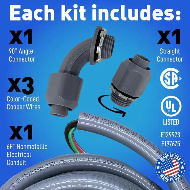 Alt view image 3 of 7 - Power Whip Assembly, 1/2-Inch x 6 Ft Nonmetallic Liquid Tight Flexible Electrical Conduit and 10 Gauge Wire Single Phase Preassembled A/C Hook-up Whip Kit, 1/2"