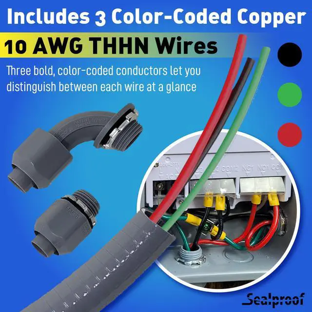 Alt view image 4 of 7 - Power Whip Assembly, 1/2-Inch x 6 Ft Nonmetallic Liquid Tight Flexible Electrical Conduit and 10 Gauge Wire Single Phase Preassembled A/C Hook-up Whip Kit, 1/2"