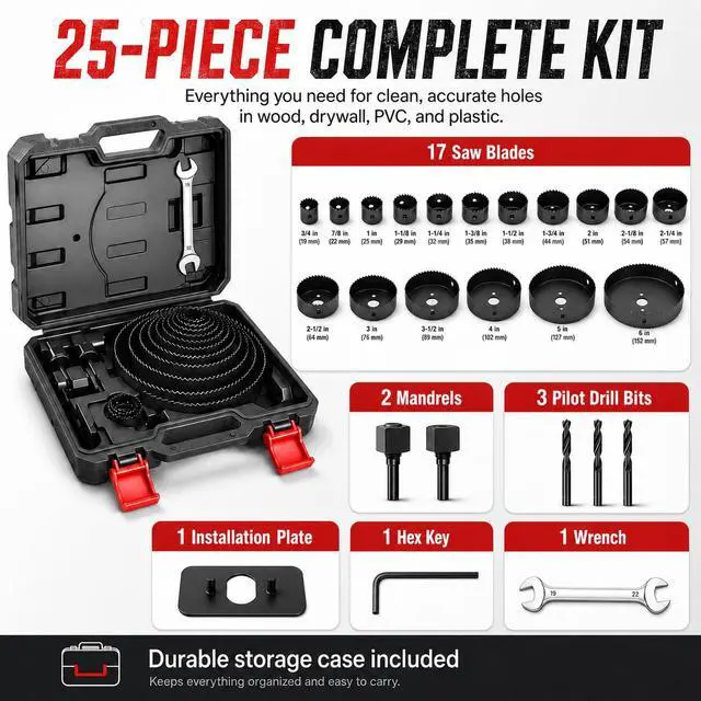 Alt view image 2 of 7 - 25 Piece Hole Saw Kit with 3/4"-6" for Wood, Drywall, PVC and Plastic | Carbon Steel Hole Saw Set, Wrench, Mandrels, Drill Bits, Installation Plate, Hex Key and Case for DIY Holes in Soft Materials