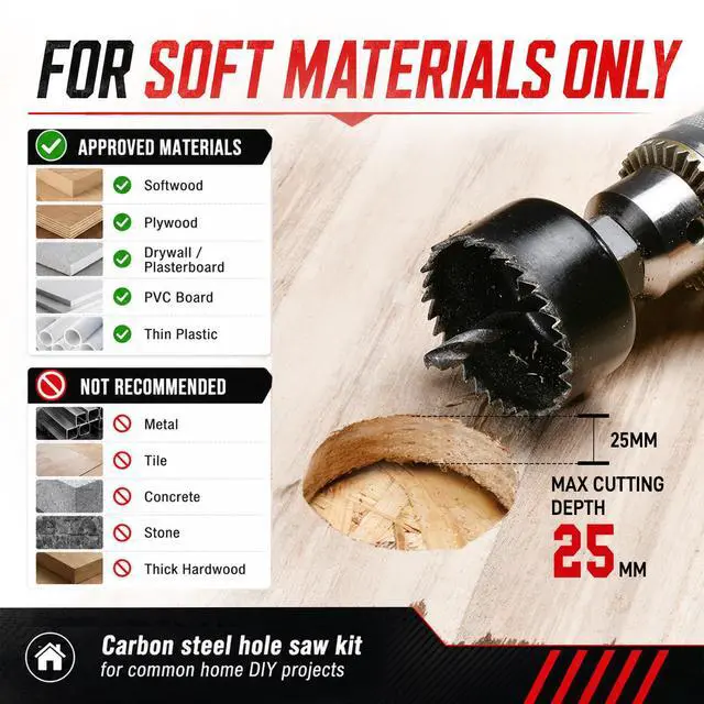 Alt view image 4 of 7 - 25 Piece Hole Saw Kit with 3/4"-6" for Wood, Drywall, PVC and Plastic | Carbon Steel Hole Saw Set, Wrench, Mandrels, Drill Bits, Installation Plate, Hex Key and Case for DIY Holes in Soft Materials