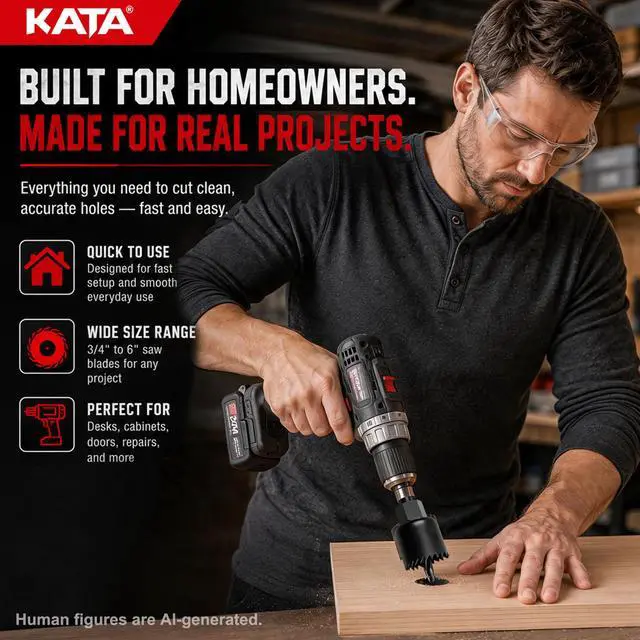 Alt view image 7 of 7 - 25 Piece Hole Saw Kit with 3/4"-6" for Wood, Drywall, PVC and Plastic | Carbon Steel Hole Saw Set, Wrench, Mandrels, Drill Bits, Installation Plate, Hex Key and Case for DIY Holes in Soft Materials