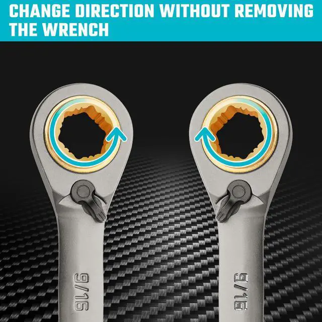 Alt view image 4 of 7 - 4-in-1 Anti-Slip Reversible Ratcheting Box Wrench Set, SAE | Double Box End, 2-Piece, 5/16", 3/8", 7/16", 1/2" & 9/16", 5/8", 11/16", 3/4", CR-V Steel, Nickel Plated, Rolling Pouch