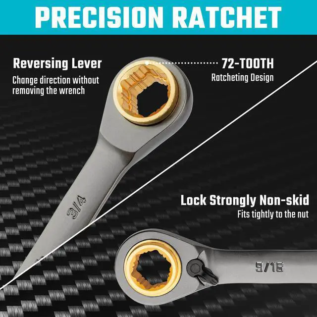 Alt view image 5 of 7 - 4-in-1 Anti-Slip Reversible Ratcheting Box Wrench Set, SAE | Double Box End, 2-Piece, 5/16", 3/8", 7/16", 1/2" & 9/16", 5/8", 11/16", 3/4", CR-V Steel, Nickel Plated, Rolling Pouch