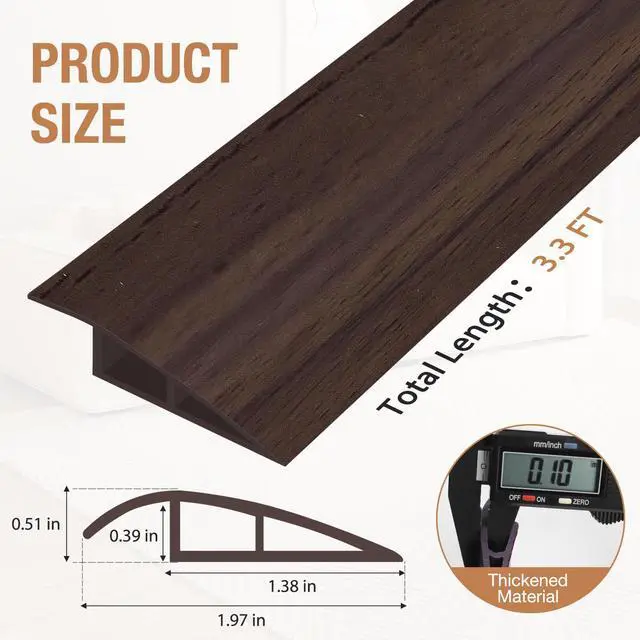 Alt view image 5 of 6 - Floor Transition Strip Self Adhesive Vinyl Door Threshold Strip | Rubber Transition Strips for Doorways Reducer for Laminate Floor Carpet Tile, Deep Brown Wood Grain, 1/5" to 2/5", 3.3Ft