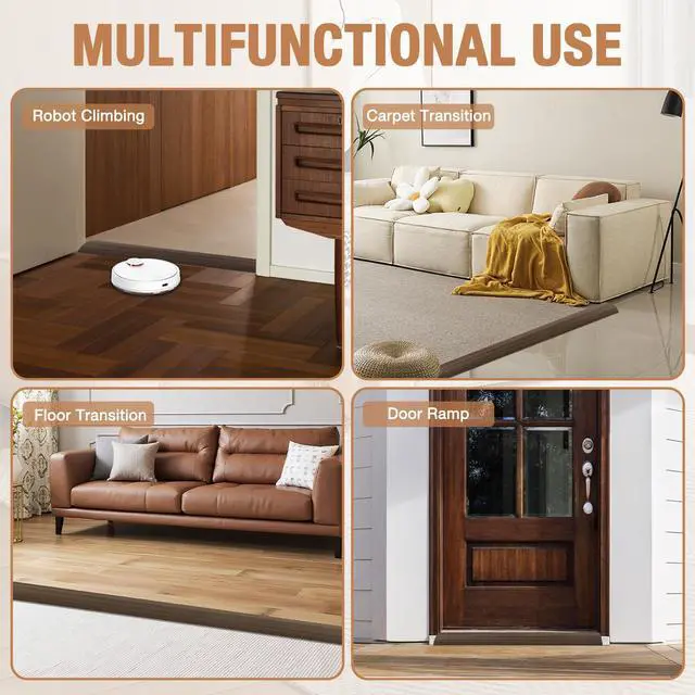 Alt view image 6 of 6 - Floor Transition Strip Self Adhesive Vinyl Door Threshold Strip | Rubber Transition Strips for Doorways Reducer for Laminate Floor Carpet Tile, Deep Brown Wood Grain, 1/5" to 2/5", 3.3Ft