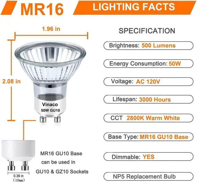 Alt view image 2 of 7 - Halogen GU10 Bulb Dimmable 50W 2800K Warm White for Candle Warmer | GU10+C 6PCS, High Output 500LM, Glass Cover, NO Flicker, Long Lasting, MR16 for Track Lighting,Range Hood,Recessed Lighting