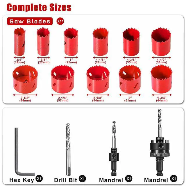 Alt view image 2 of 7 - Bi-Metal Hole Saw Kit, HYCHIKA 17 Pcs High Speed Steel 3/4" to 2-1/2" Hole Saw Set in Case with Mandrels, Hole Saw Bit for Metal, Drilling PVC Board,and Plastic Plate