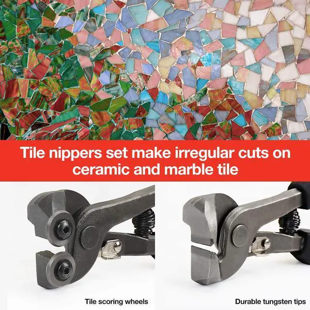 Alt view image 7 of 7 - 2 Pieces Glass Tile Nippers Set, Ceramic & Mosaic Cutter Tools | Heavy Duty Carbon Steel, Tile Cutter, Soft Grip Handles, Porcelain Nippers, Wheeled Glass Cutter, Precision Trimming