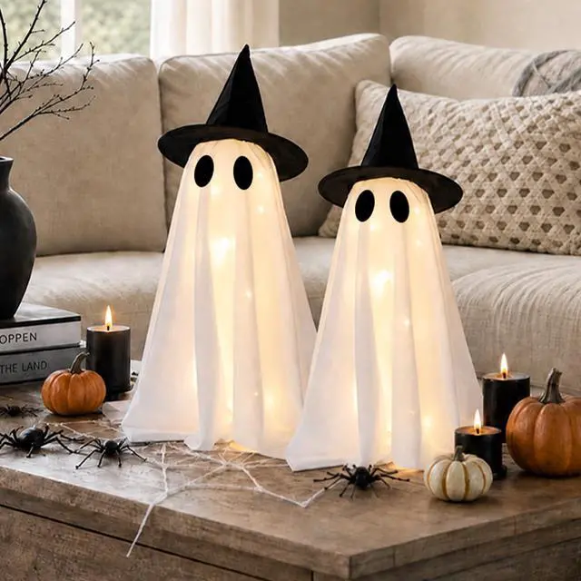 Alt view image 4 of 6 - Halloween Decorations-Set of 2 Light-Up Ghosts with Witch Hats | Ghost Table Centerpiece-Spooky Tabletop Decor for Mantel Dining Table Party Indoor Home Decor