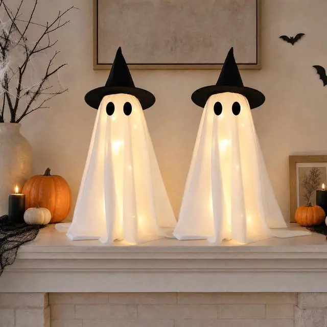 Alt view image 5 of 6 - Halloween Decorations-Set of 2 Light-Up Ghosts with Witch Hats | Ghost Table Centerpiece-Spooky Tabletop Decor for Mantel Dining Table Party Indoor Home Decor