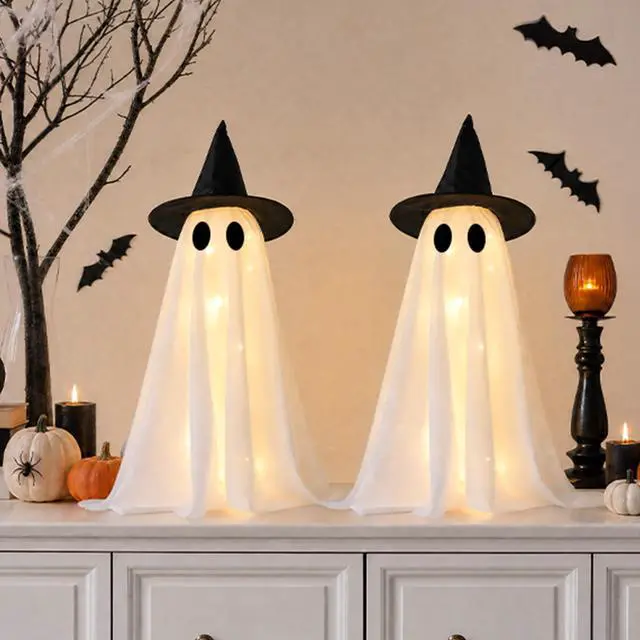Alt view image 6 of 6 - Halloween Decorations-Set of 2 Light-Up Ghosts with Witch Hats | Ghost Table Centerpiece-Spooky Tabletop Decor for Mantel Dining Table Party Indoor Home Decor