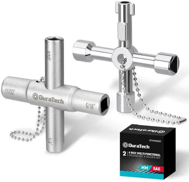 Main image of 4 Way Sillcock Key Set, 2-Pack, for Valve, Faucet, and Spigots | Utility Key, Water Key, Chrome Finish, Corrosion Resistance, 4-in-1 Design, Square, Triangle, and Round Shape, Easy to Carry