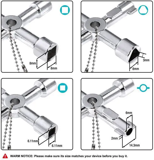 Alt view image 3 of 7 - 4 Way Sillcock Key Set, 2-Pack, for Valve, Faucet, and Spigots | Utility Key, Water Key, Chrome Finish, Corrosion Resistance, 4-in-1 Design, Square, Triangle, and Round Shape, Easy to Carry