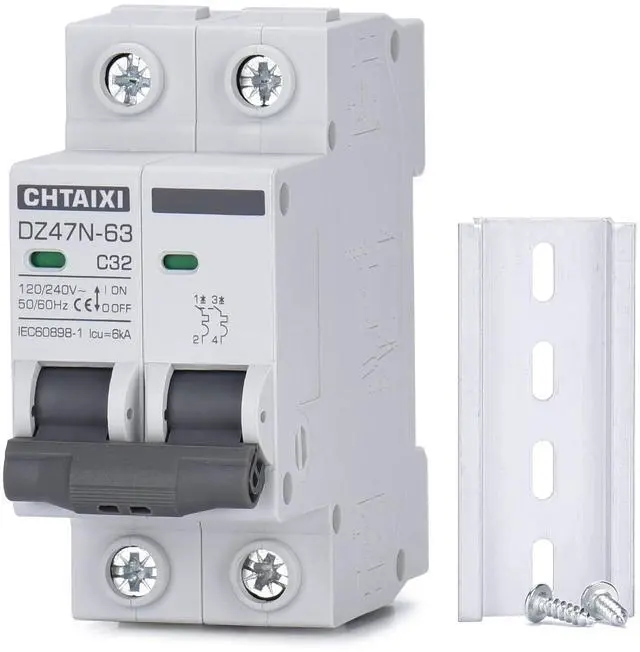 Main image of AC Miniature Circuit Breaker, 32 Amp 120V/240V 2 Pole DIN Rail Mount Circuit Breaker, Thermal Magnetic Trip, Solar AC Disconnect Switch MCB C32
