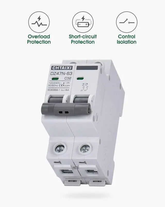 Alt view image 3 of 7 - AC Miniature Circuit Breaker, 32 Amp 120V/240V 2 Pole DIN Rail Mount Circuit Breaker, Thermal Magnetic Trip, Solar AC Disconnect Switch MCB C32