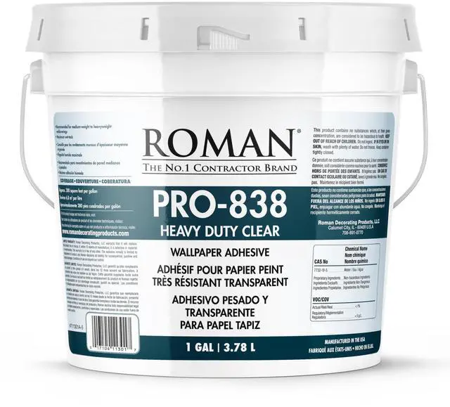 Main image of Heavy Duty Clear Wallpaper Adhesive, Non-staining, Clear, PRO-838, (1 Gallon - 280 sq. ft.) | For Non-Woven, Wall Carpet, Commercial Grade Medium to Heavyweight Wallcoverings