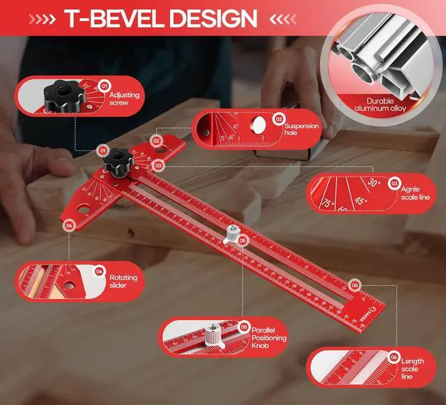 Alt view image 3 of 6 - Woodworking Scriber Marking Line Ruler,Aluminum Alloy T-Square | Adjustable Multi-Angle Scale, Precision Layout Tool for Woodworking, Carpentry & DIY Design