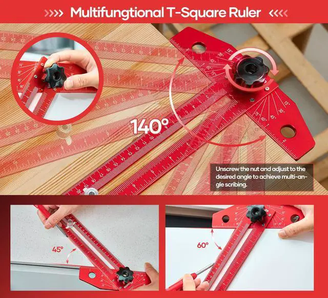 Alt view image 5 of 6 - Woodworking Scriber Marking Line Ruler,Aluminum Alloy T-Square | Adjustable Multi-Angle Scale, Precision Layout Tool for Woodworking, Carpentry & DIY Design