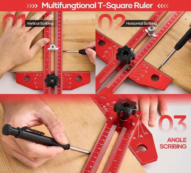 Alt view image 4 of 6 - Woodworking Scriber Marking Line Ruler,Aluminum Alloy T-Square | Adjustable Multi-Angle Scale, Precision Layout Tool for Woodworking, Carpentry & DIY Design