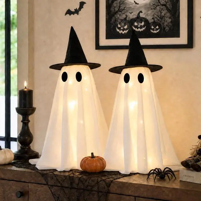 Alt view image 3 of 6 - Halloween Decorations-Set of 2 Light-Up Ghosts with Witch Hats | Ghost Table Centerpiece-Spooky Tabletop Decor for Mantel Dining Table Party Indoor Home Decor