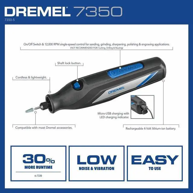 Alt view image 4 of 7 - 7350 4V Cordless Rotary Tool Kit with 5 Accessories and USB-C Rechargeable Battery - Single Speed for Carving, Engraving, Sanding and Cleaning
