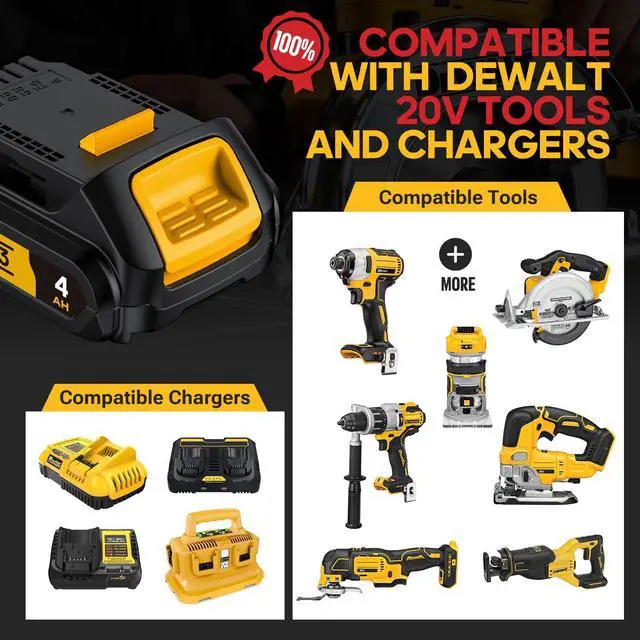 Alt view image 4 of 7 - 4Ah Replacement Compatible for Dewalt 20V MAX Battery with High Capacity | for 20 Volt Cordless Power Tools DCB201 DCB203 DCB204 DCB205 DCB206 DCD DCF DCG