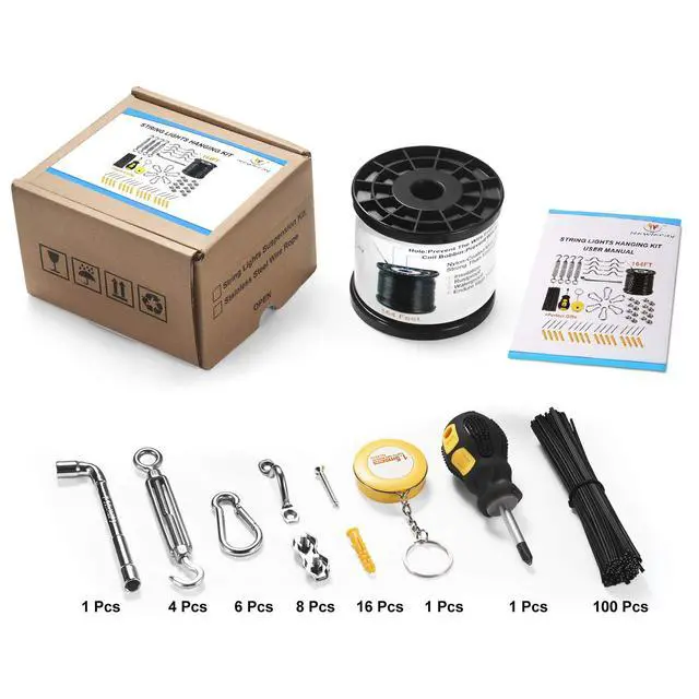 Alt view image 6 of 6 - String Light Hanging Kit,Guide Wire for Outdoor String Lights, Shade sail Hardware kit,with 164 Ft Nylon Coated Stainless Steel 304 Wire Rope