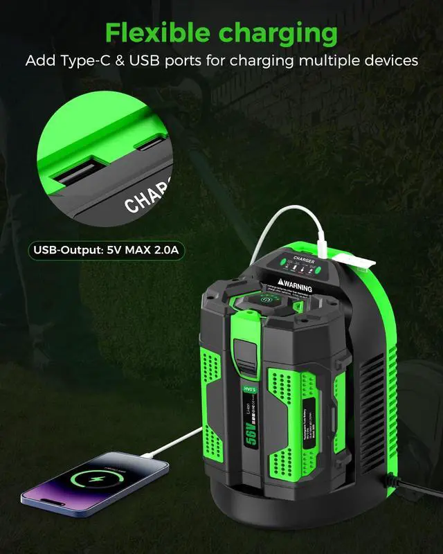 Alt view image 5 of 7 - Replacement for EGO 56V Battery Charger Compatible with EGO 56V Battery BA1400T BA2242T BA2800T BA3360T - for EGO Power+ CH3200 CH5500 CH2800(Green)