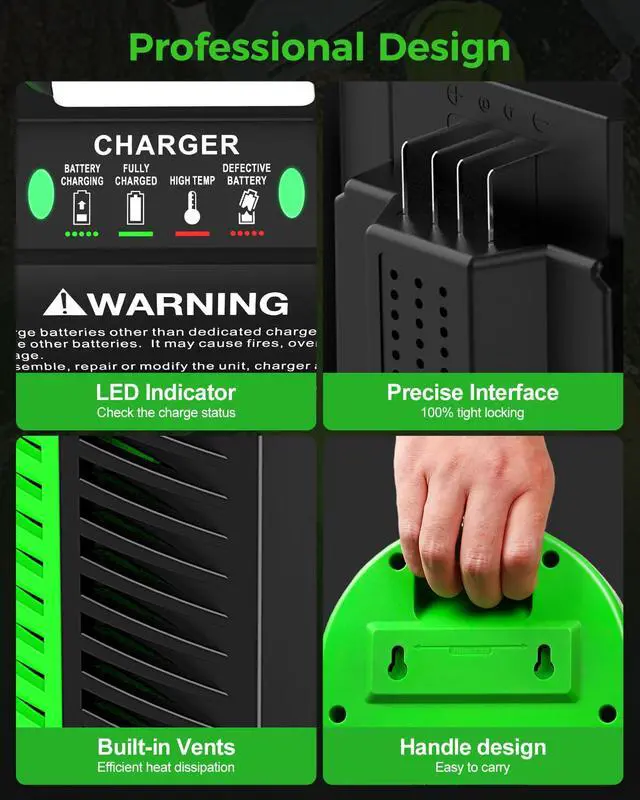 Alt view image 6 of 7 - Replacement for EGO 56V Battery Charger Compatible with EGO 56V Battery BA1400T BA2242T BA2800T BA3360T - for EGO Power+ CH3200 CH5500 CH2800(Green)