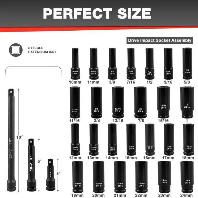 Alt view image 2 of 7 - 29pcs 1/2" Socket Set, Drive Deep Impact Socket Set, Including 3 ", 5", 10" Impact Extension Bar, Standard SAE (3/8 "- 1") and Metric (10mm-24mm), Cr-V Steel