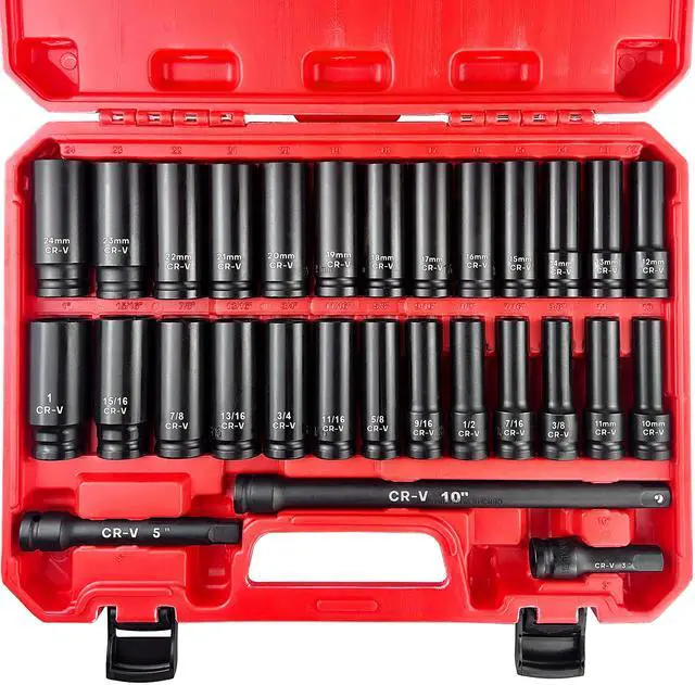 Main image of 29pcs 1/2" Socket Set, Drive Deep Impact Socket Set, Including 3 ", 5", 10" Impact Extension Bar, Standard SAE (3/8 "- 1") and Metric (10mm-24mm), Cr-V Steel