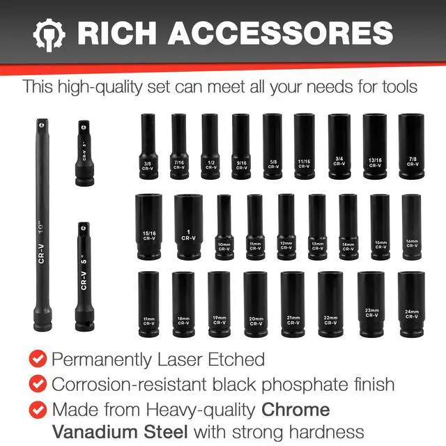 Alt view image 4 of 7 - 29pcs 1/2" Socket Set, Drive Deep Impact Socket Set, Including 3 ", 5", 10" Impact Extension Bar, Standard SAE (3/8 "- 1") and Metric (10mm-24mm), Cr-V Steel