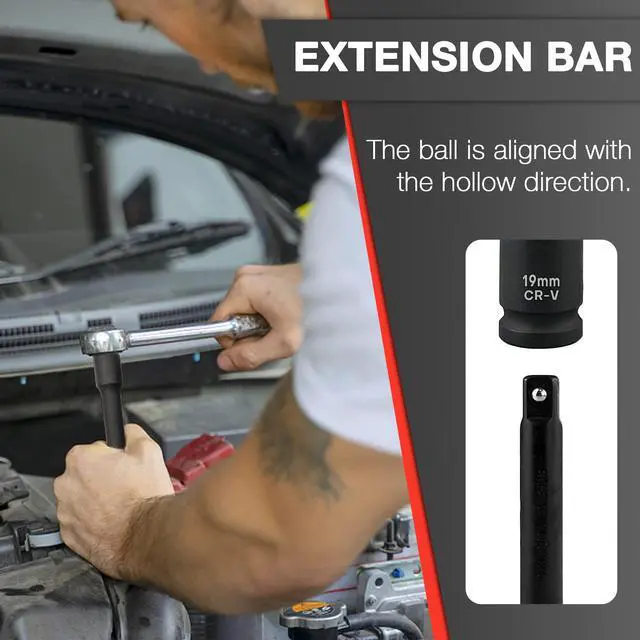 Alt view image 5 of 7 - 29pcs 1/2" Socket Set, Drive Deep Impact Socket Set, Including 3 ", 5", 10" Impact Extension Bar, Standard SAE (3/8 "- 1") and Metric (10mm-24mm), Cr-V Steel
