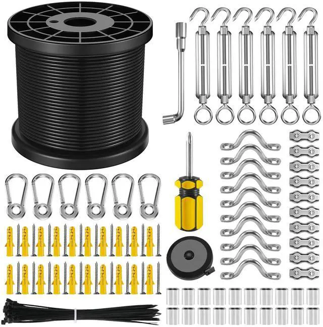 Main image of String Light Hanging Kit with 200FT Black Vinyl Coated Wire Rope | Outdoor String Light Suspension Kit, Guide Wire with Turnbuckles and Hooks for Patio, Backyard Light Accessories, User Manual