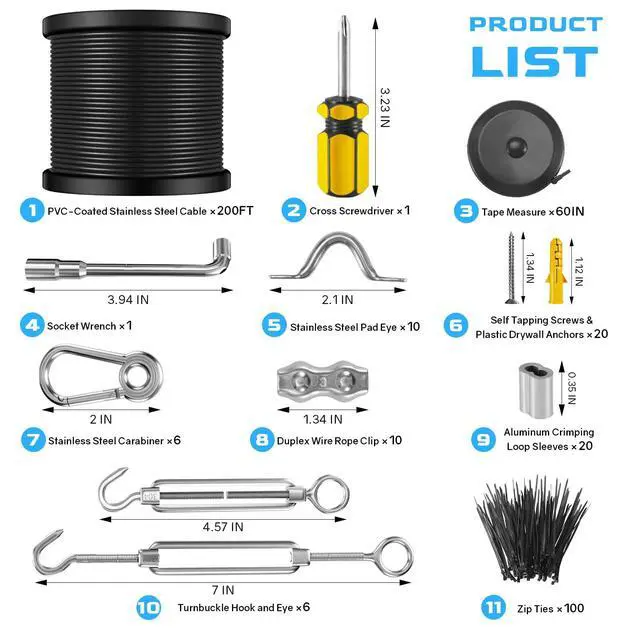 Alt view image 2 of 7 - String Light Hanging Kit with 200FT Black Vinyl Coated Wire Rope | Outdoor String Light Suspension Kit, Guide Wire with Turnbuckles and Hooks for Patio, Backyard Light Accessories, User Manual