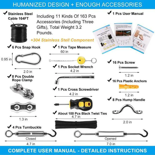 Alt view image 2 of 6 - String Light Hanging Kit,Guide Wire for Outdoor String Lights, Shade sail Hardware kit,with 164 Ft Nylon Coated Stainless Steel 304 Wire Rope