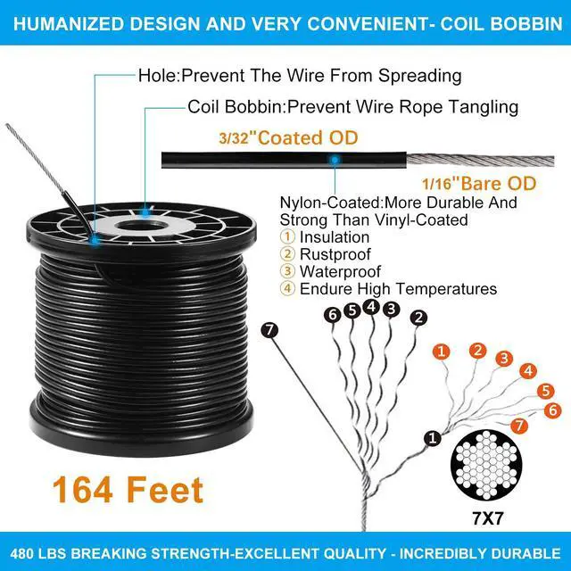 Alt view image 3 of 6 - String Light Hanging Kit,Guide Wire for Outdoor String Lights, Shade sail Hardware kit,with 164 Ft Nylon Coated Stainless Steel 304 Wire Rope