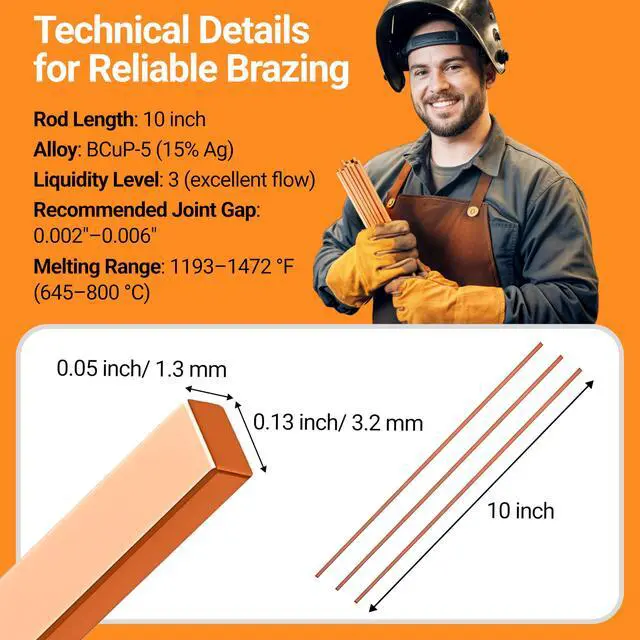 Alt view image 2 of 6 - 15pcs Brazing Rods AWS BCuP-5 15% Silver Solder Phos Copper Brazing Alloy Flat Welding Rods 0.050"x1/8"x10" for HVAC, Refrigeration, and Industrial Applications