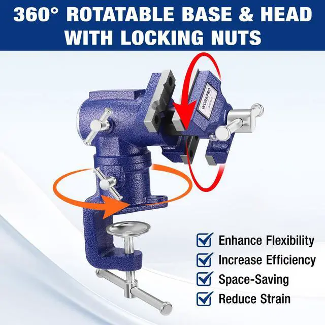 Alt view image 2 of 7 - Dual Jaws Table Vise 2.5" & 1.5", 360° Swivel Clamp-On Bench Vise | Multi-Purpose Vice for Workbench, Portable Small Vise, Table Clamp Bench Vise with Anvil for Woodworking, Metalworking, DIY